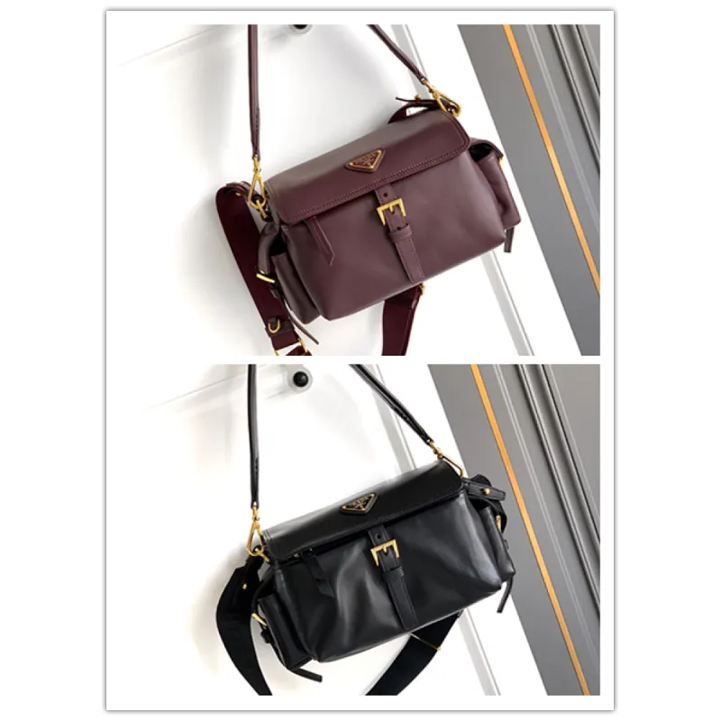 Prada Cahier Messenger Bag (2 Colors) – Burgundy/Black Leather with Gold-Tone Triangle Logo & Buckle Hardware #A59179