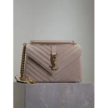 SAINT LAURENT Loulou Small Envelope Crossbody Bag – Blush Suede with Chevron Quilt & Gold YSL Logo (Detachable Chain Strap) #A58780