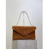 SAINT LAURENT Cassandra Large Envelope Shoulder Bag – Tan Suede with Gold YSL Logo (Detachable Chain Strap) #A58782