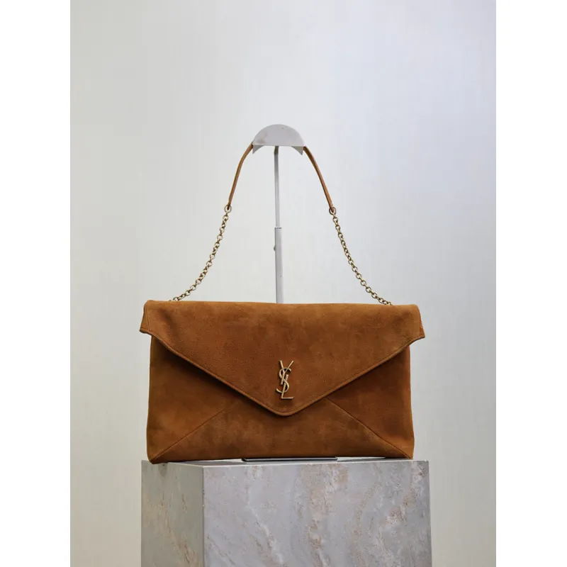 SAINT LAURENT Cassandra Large Envelope Shoulder Bag – Tan Suede with Gold YSL Logo (Detachable Chain Strap) #A58782