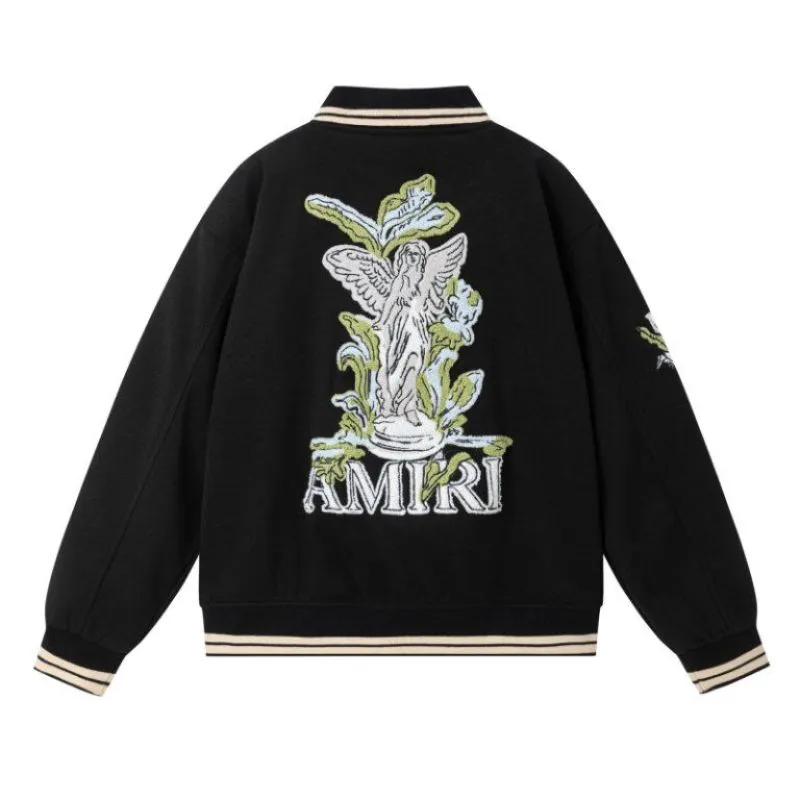 Black AMIRI Bomber Jacket With Angel And Garden Embroidery For Fashion Fans #A54406