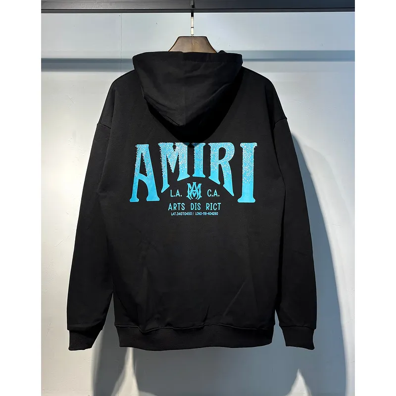 AMIRI Black Hoodie With Glittery Blue Back Logo And Brand Details #A54287 AMIRI Black Hoodie With Glittery Blue Back Logo And Brand Details #A54287