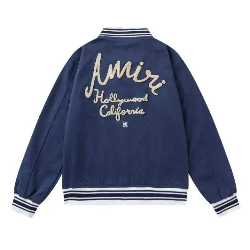 Amiri Navy Blue Varsity Jacket With Embroidered Logo And Striped Details #A54437