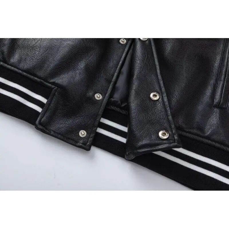 AMIRI Black Leather Bomber Jacket With Iconic Logo And Varsity Stripe Details #A54436 AMIRI Black Leather Bomber Jacket With Iconic Logo And Varsity Stripe Details #A54436