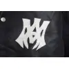 AMIRI Black Leather Bomber Jacket With Iconic Logo And Varsity Stripe Details #A54436 AMIRI Black Leather Bomber Jacket With Iconic Logo And Varsity Stripe Details #A54436