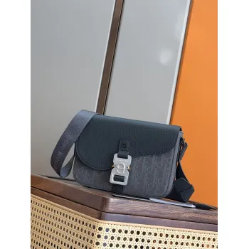 D-ior Saddle Messenger Bag – Anthracite Gray Oblique Jacquard & Grained Calfskin with Signature Aluminum Buckle #A59163