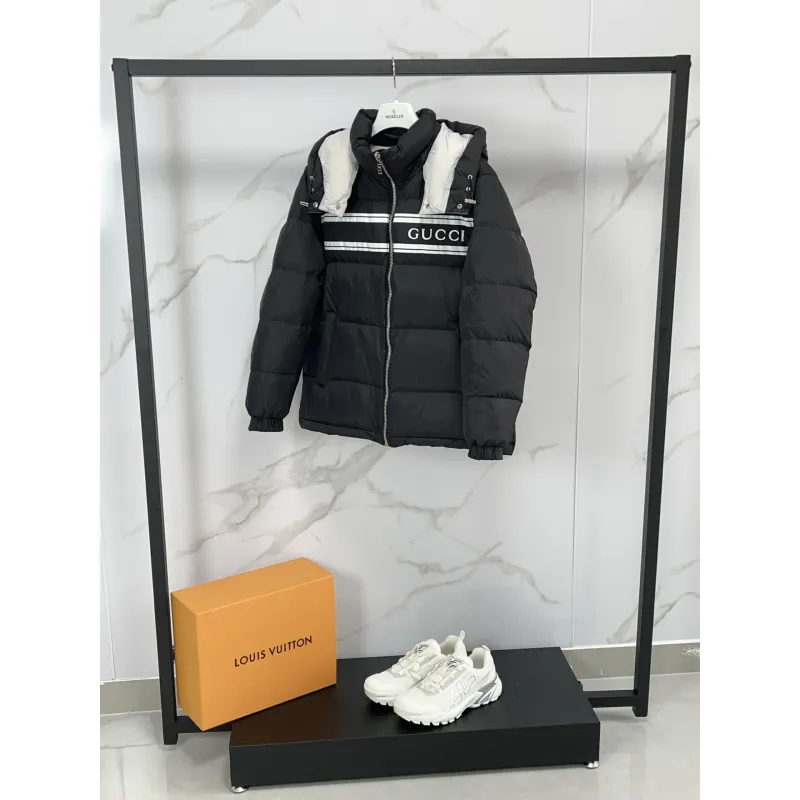 Gucci Black Puffer Jacket With White Stripes Unisex Style #A54548 Gucci Black Puffer Jacket With White Stripes Unisex Style #A54548