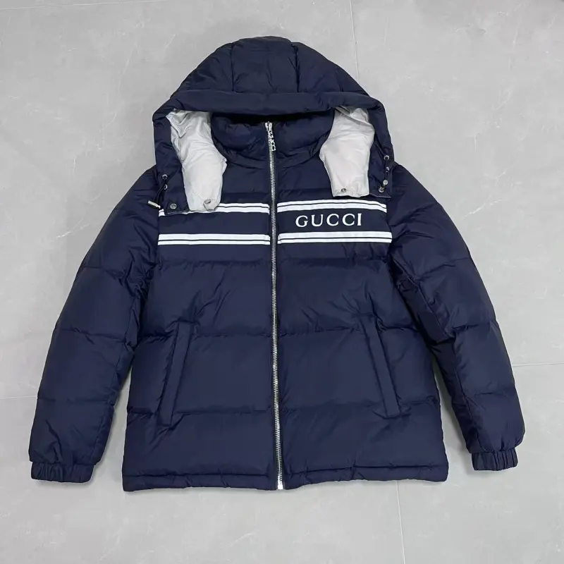 Gucci Black Puffer Jacket With White Stripes Unisex Style #A54548 Gucci Black Puffer Jacket With White Stripes Unisex Style #A54548