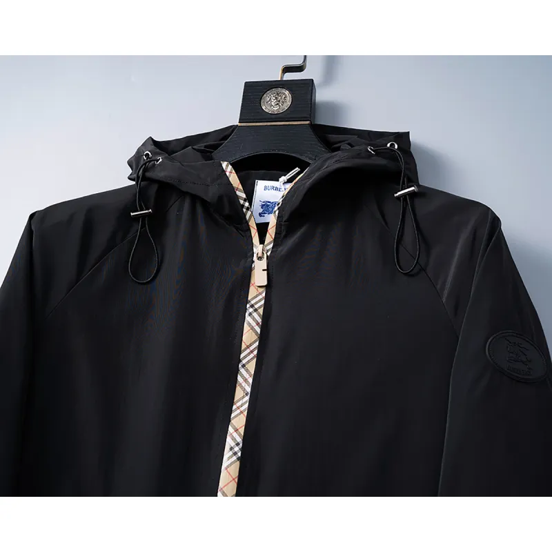 Burberry Mens Black Hooded Windbreaker Jacket with Brand Emblem #A54306