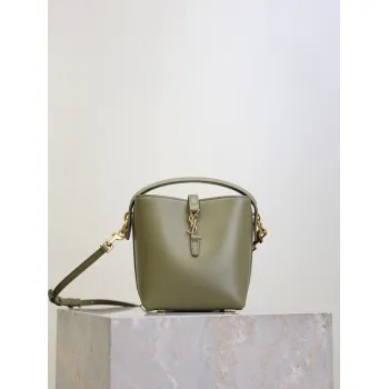 SAINT LAURENT Le 5 à 7 Small Bucket Bag – Olive Green Smooth Leather with Gold YSL Logo (Adjustable Crossbody Strap) #A58781