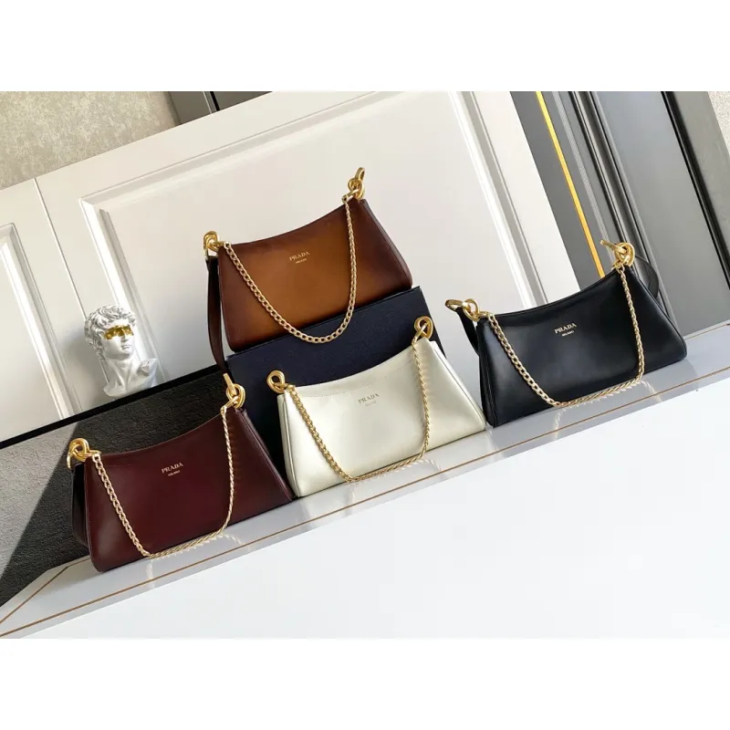 Prada Cleo Shoulder Bag (4 Colors) – Brown/Navy/Black/White Saffiano Leather with Gold-Tone Chain Strap #A59176
