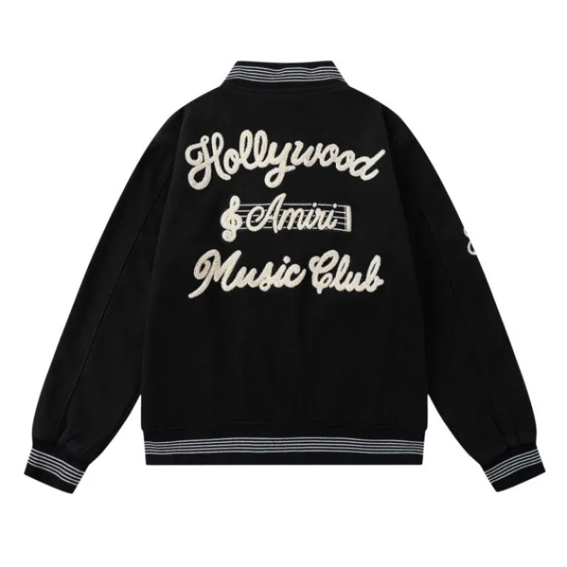 AMIRI Black Varsity Jacket With Intricate Embroidered Logos And Musical Note Accents #A54284