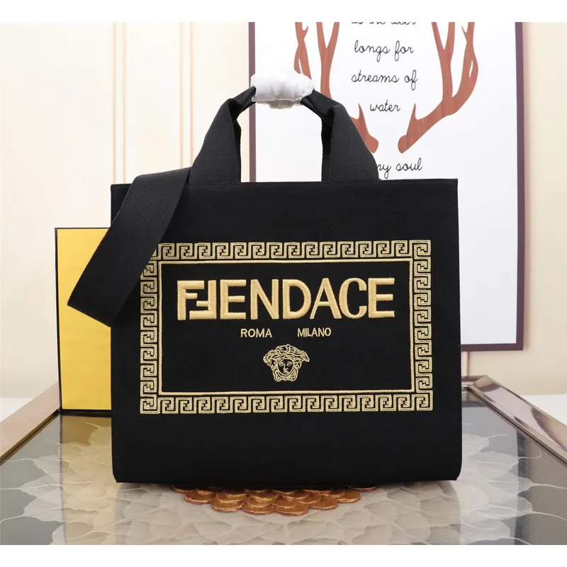 Replica Fendi Tote Textured Canvas Gold Logo Greek Key Bag Epitomizing Timeless Luxury size:35×17×31cm #A54202