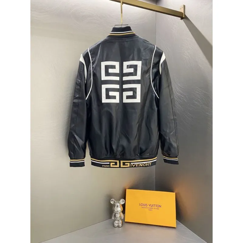 Givenchy Black Leather Bomber Jacket with Iconic White Logo Detailing #A54606