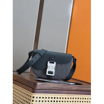 D-ior Small Saddle Messenger Bag – Anthracite Gray Oblique Canvas & Grained Calfskin with Aluminum Buckle #A59162