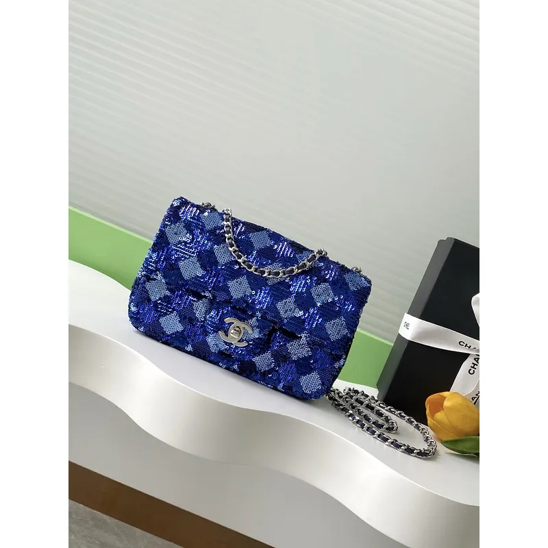 Chanel Blue Sequin - Embellished Flap Bag With Signature CC Logo size:14×21×8cm #A53500 Chanel Blue Sequin - Embellished Flap Bag With Signature CC Logo size:14×21×8cm #A53500