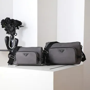 Prada Mens Dark Gray Re-Nylon Crossbody Messenger Bag with Detachable Pouch – Iconic Triangle Logo Adjustable Strap #A58757