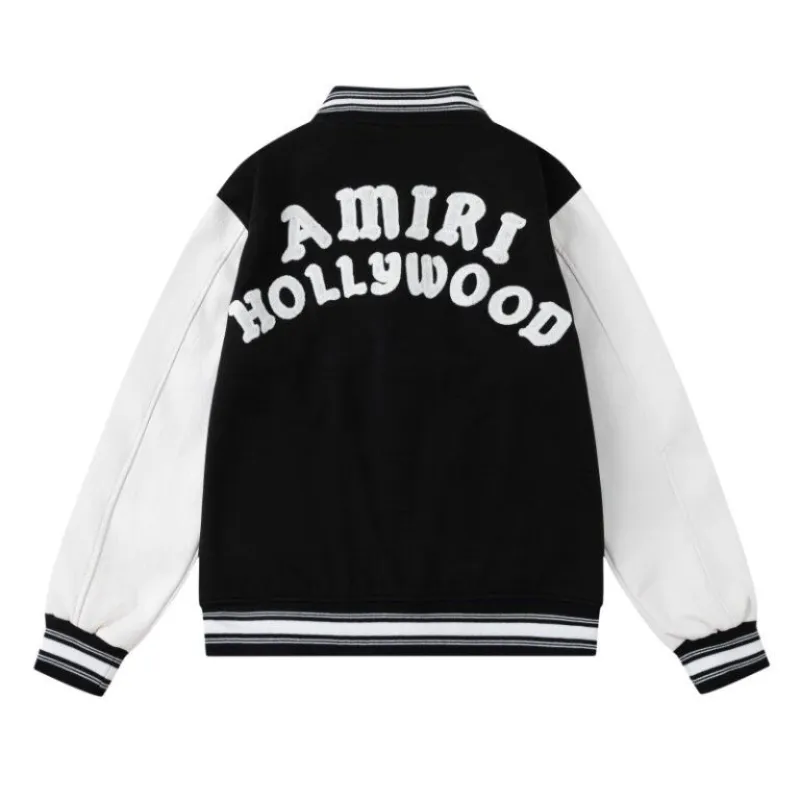 AMIRI Black And White Varsity Jacket With Hollywood Embroidered Logo For Trendy Streetwear #A54285