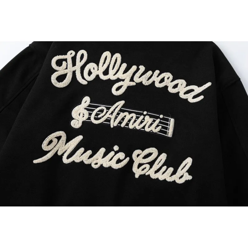 AMIRI Black Varsity Jacket With Intricate Embroidered Logos And Musical Note Accents #A54284