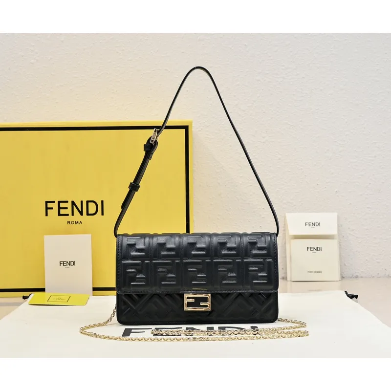 Chic Black Fendi Crossbody Bag With Embossed FF Motif And Chain Strap For Timeless Style size:21×5×11cm #A54311 Chic Black Fendi Crossbody Bag With Embossed FF Motif And Chain Strap For Timeless Style size:21×5×11cm #A54311