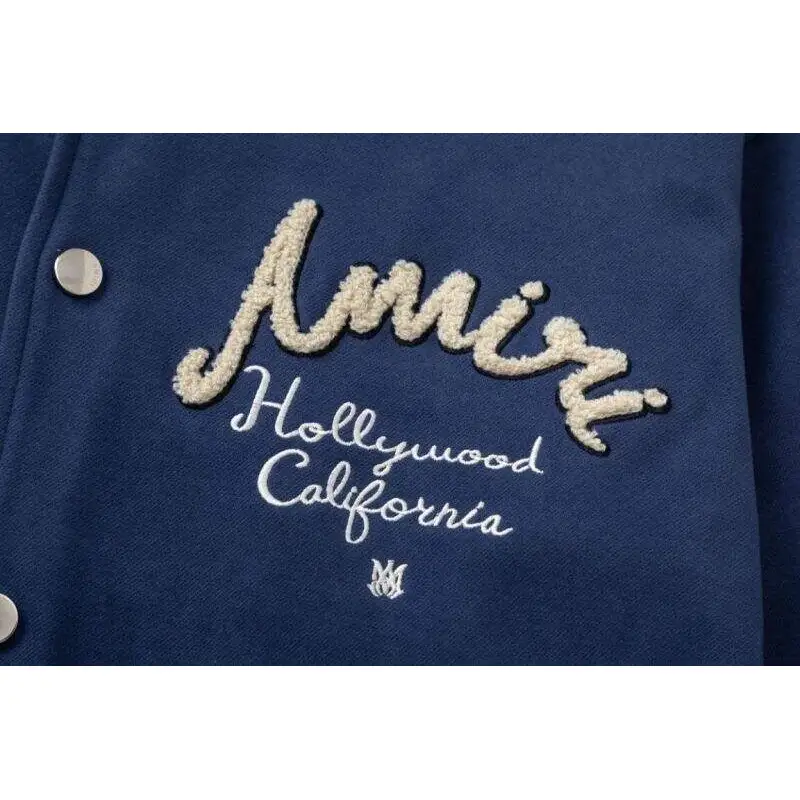 Amiri Navy Blue Varsity Jacket With Embroidered Logo And Striped Details #A54437