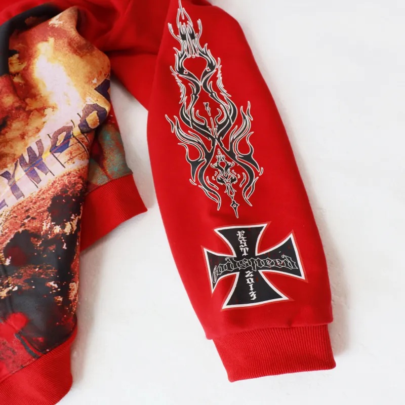 Godspeed Red/Black Hoodie With Hollywood Graphic And Intricate Back Design #A54413
