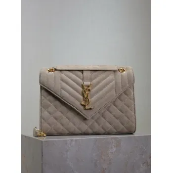 SAINT LAURENT Loulou Small Envelope Crossbody Bag – Dusty Beige Suede with Mixed-Quilt Stitching & Gold YSL Logo (Detachable Chain Strap) #A58777