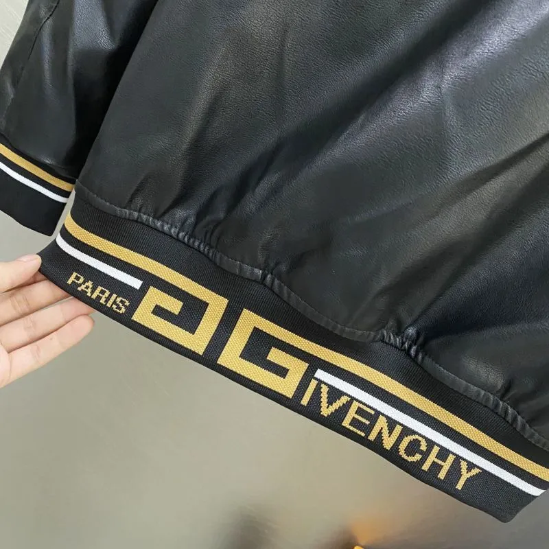Givenchy Black Leather Bomber Jacket with Iconic White Logo Detailing #A54606