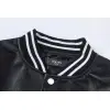 AMIRI Black Leather Bomber Jacket With Iconic Logo And Varsity Stripe Details #A54436 AMIRI Black Leather Bomber Jacket With Iconic Logo And Varsity Stripe Details #A54436