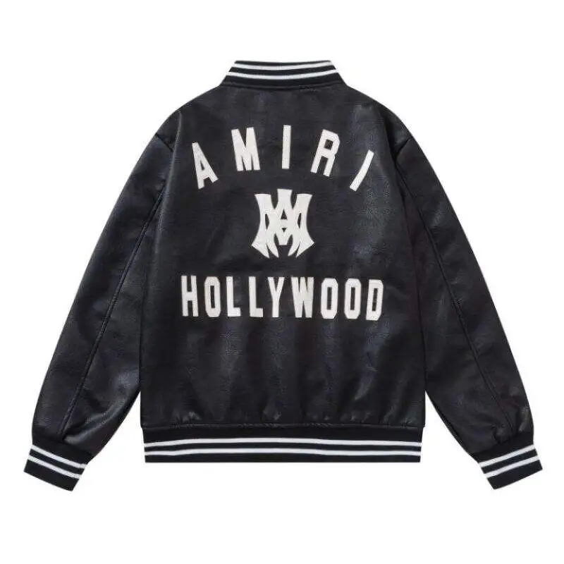 AMIRI Black Leather Bomber Jacket With Iconic Logo And Varsity Stripe Details #A54436 AMIRI Black Leather Bomber Jacket With Iconic Logo And Varsity Stripe Details #A54436