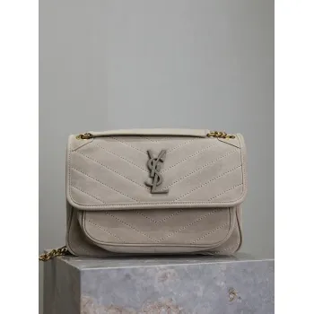 SAINT LAURENT Loulou Medium Shoulder Bag – Light Beige Suede with Chevron Quilt & Tone-On-Tone YSL Logo (Convertible Chain Strap) #A58775