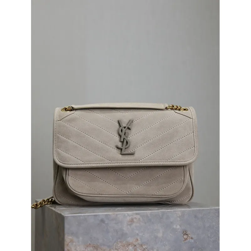SAINT LAURENT Loulou Medium Shoulder Bag – Light Beige Suede with Chevron Quilt & Tone-On-Tone YSL Logo (Convertible Chain Strap) #A58775