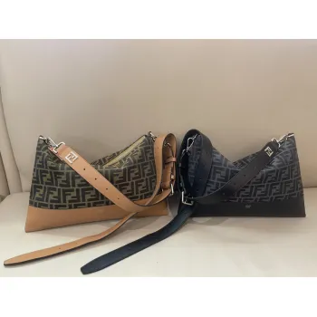 Fendi Brown And Beige FF Logo Jacquard Fabric Shoulder Bag With Leather Trims size:34×22 #A54307