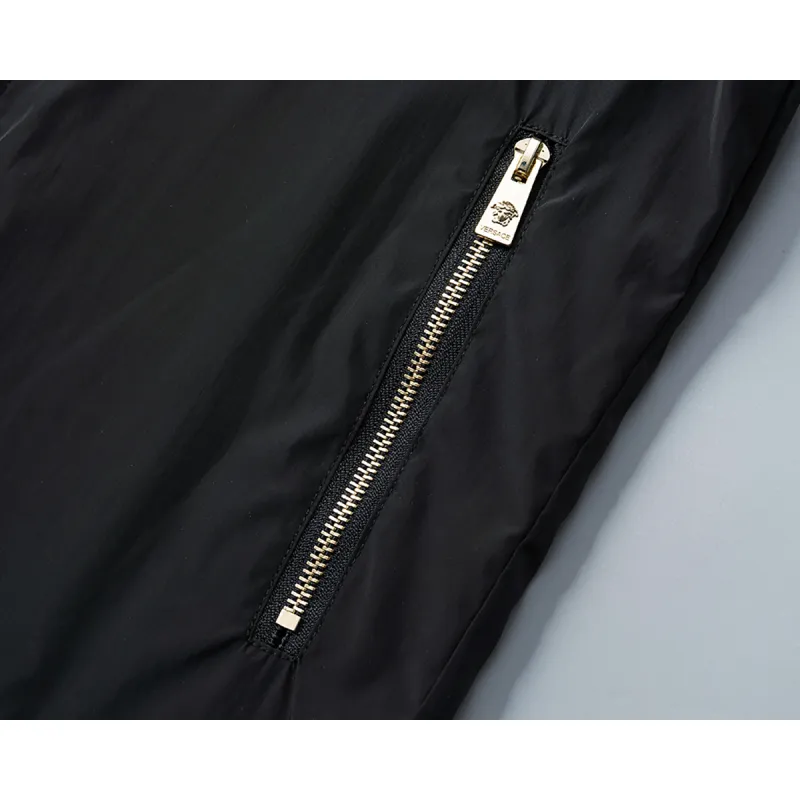Versace Mens Hooded Windbreaker Jacket Stylish Black Outerwear with Gold Tone Zippers #A54303