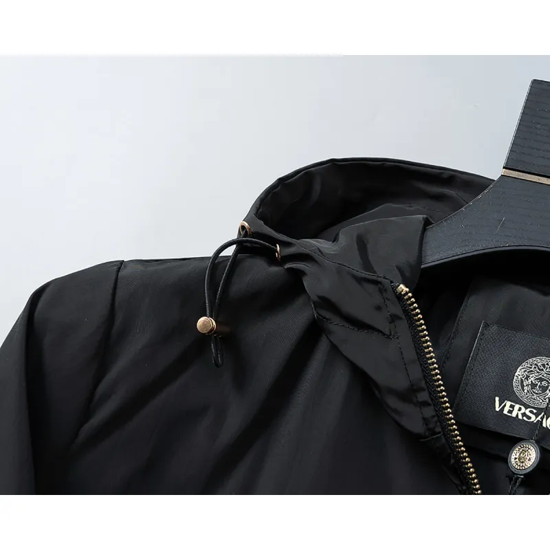 Versace Mens Hooded Windbreaker Jacket Stylish Black Outerwear with Gold Tone Zippers #A54303