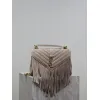 SAINT LAURENT Loulou Fringe Medium Shoulder Bag – Dusty Beige Suede with Chevron Quilt & Gold YSL Logo (Convertible Chain Strap) #A58779