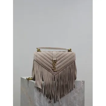 SAINT LAURENT Loulou Fringe Medium Shoulder Bag – Dusty Beige Suede with Chevron Quilt & Gold YSL Logo (Convertible Chain Strap) #A58779