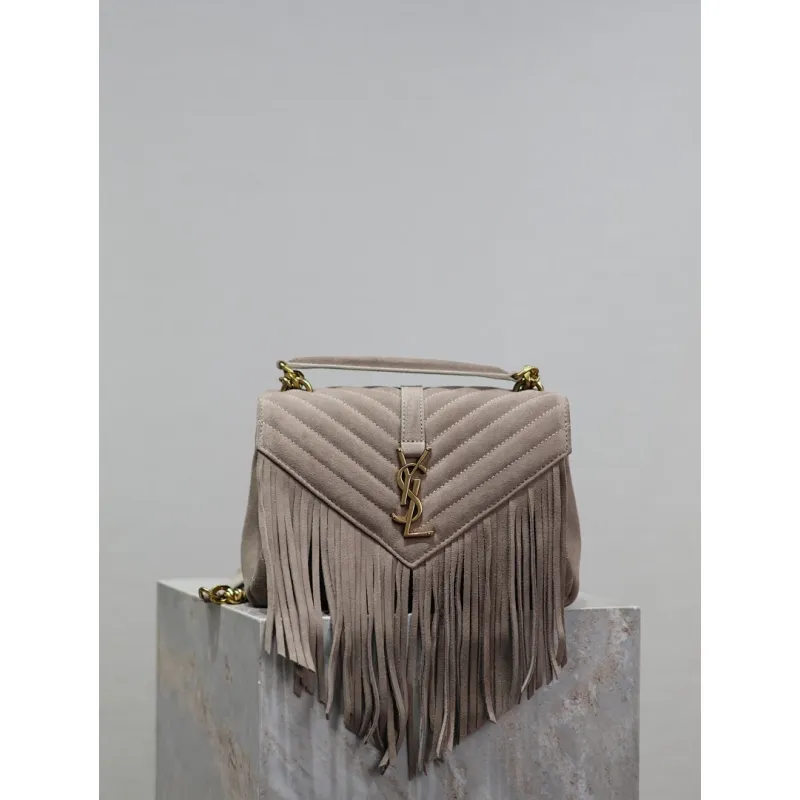 SAINT LAURENT Loulou Fringe Medium Shoulder Bag – Dusty Beige Suede with Chevron Quilt & Gold YSL Logo (Convertible Chain Strap) #A58779