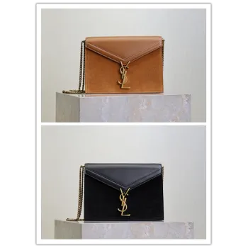 SAINT LAURENT Cassandra Envelope Crossbody Bag Set – Tan Leather-Suede & Black Velvet with Gold YSL Logo (Detachable Chain Strap) #A58773
