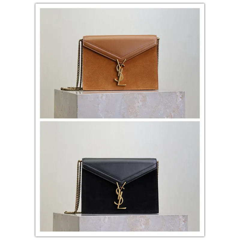 SAINT LAURENT Cassandra Envelope Crossbody Bag Set – Tan Leather-Suede & Black Velvet with Gold YSL Logo (Detachable Chain Strap) #A58773