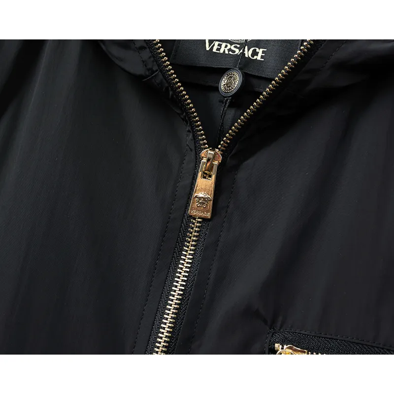 Versace Mens Hooded Windbreaker Jacket Stylish Black Outerwear with Gold Tone Zippers #A54303