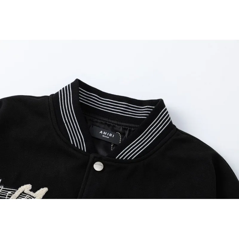 AMIRI Black Varsity Jacket With Intricate Embroidered Logos And Musical Note Accents #A54284