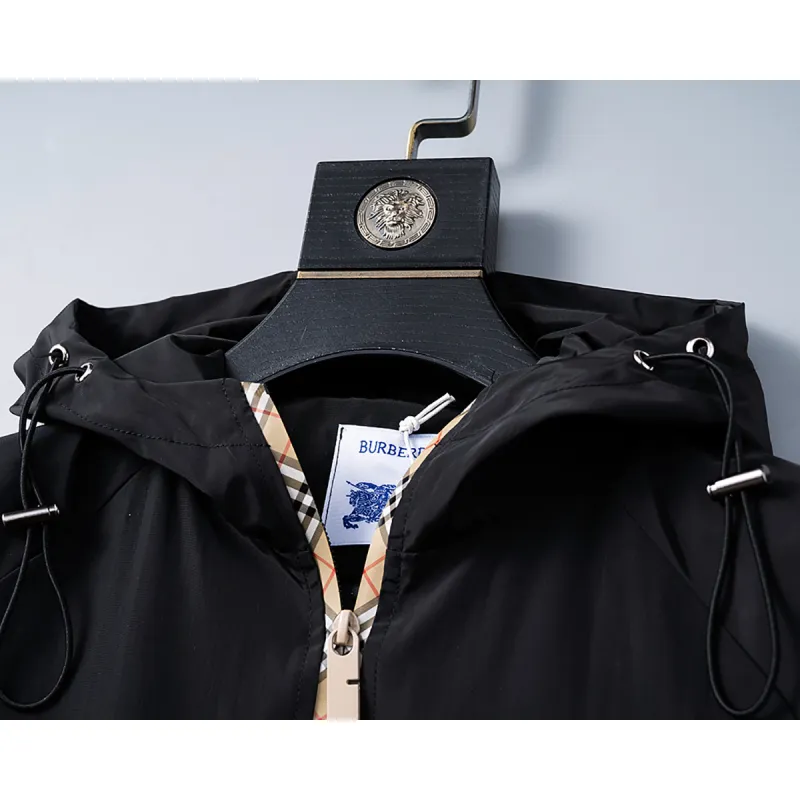 Burberry Mens Black Hooded Windbreaker Jacket with Brand Emblem #A54306
