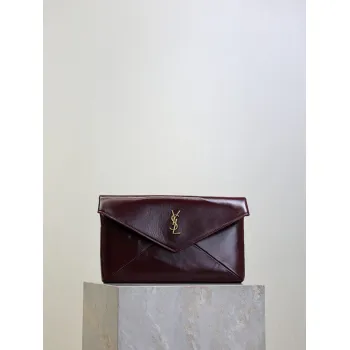 SAINT LAURENT Cassandra Envelope Clutch – Burgundy Smooth Leather with Gold YSL Logo (Detachable Chain Strap) #A58784