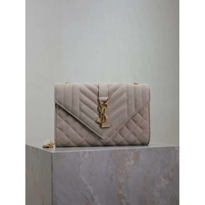 SAINT LAURENT Cassandra Envelope Crossbody Bag Set – Tan Leather-Suede & Black Velvet with Gold YSL Logo (Detachable Chain Strap) #A58774