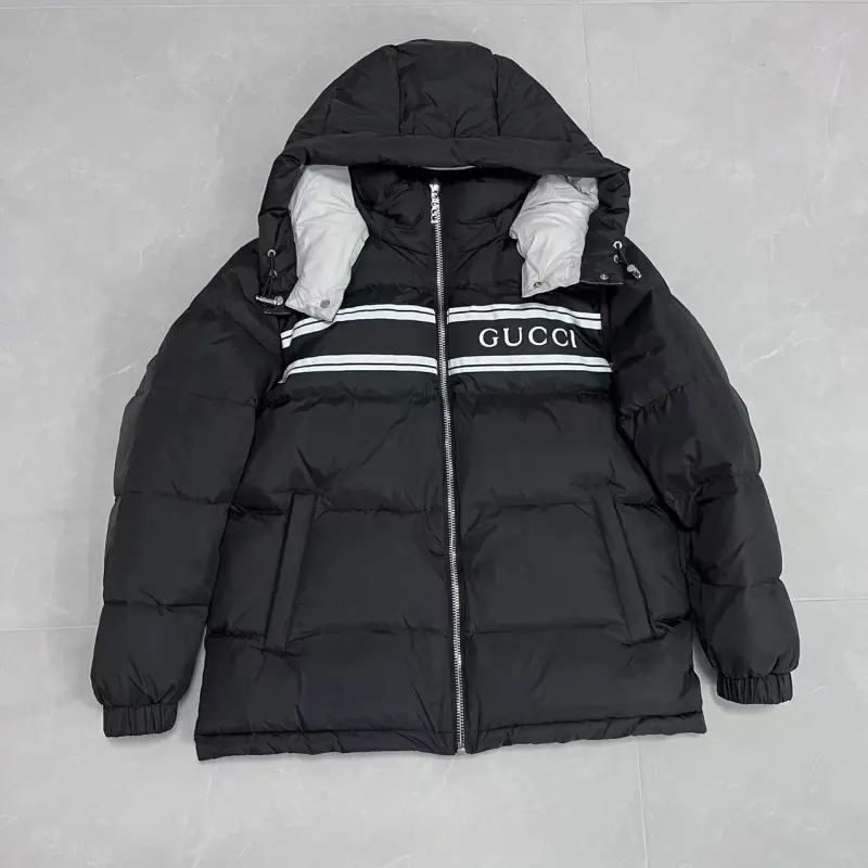 Gucci Black Puffer Jacket With White Stripes Unisex Style #A54548 Gucci Black Puffer Jacket With White Stripes Unisex Style #A54548