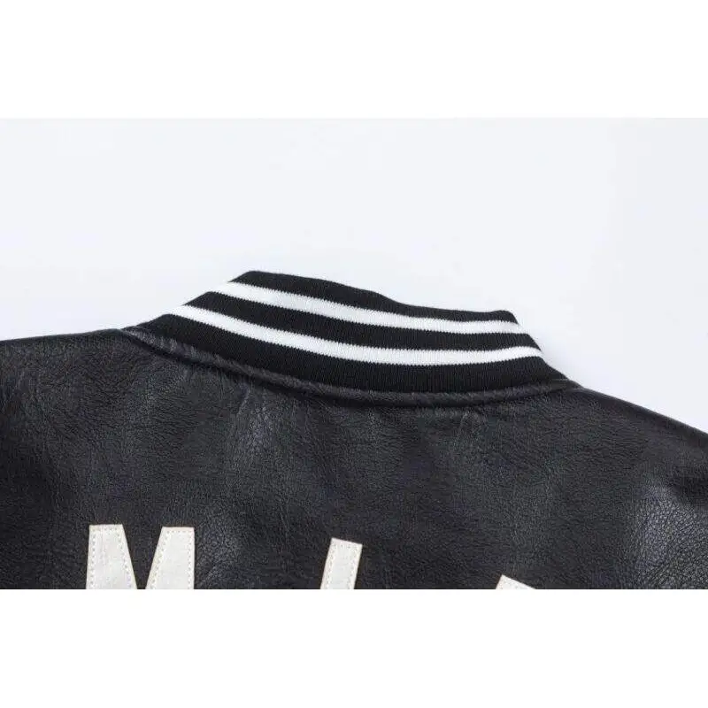 AMIRI Black Leather Bomber Jacket With Iconic Logo And Varsity Stripe Details #A54436 AMIRI Black Leather Bomber Jacket With Iconic Logo And Varsity Stripe Details #A54436