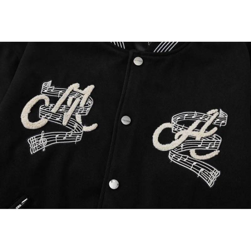 AMIRI Black Varsity Jacket With Intricate Embroidered Logos And Musical Note Accents #A54284