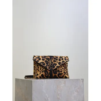 SAINT LAURENT Cassandra Envelope Crossbody Clutch – Leopard-Print Haircalf with Gold YSL Logo (Detachable Chain Strap) #A58783