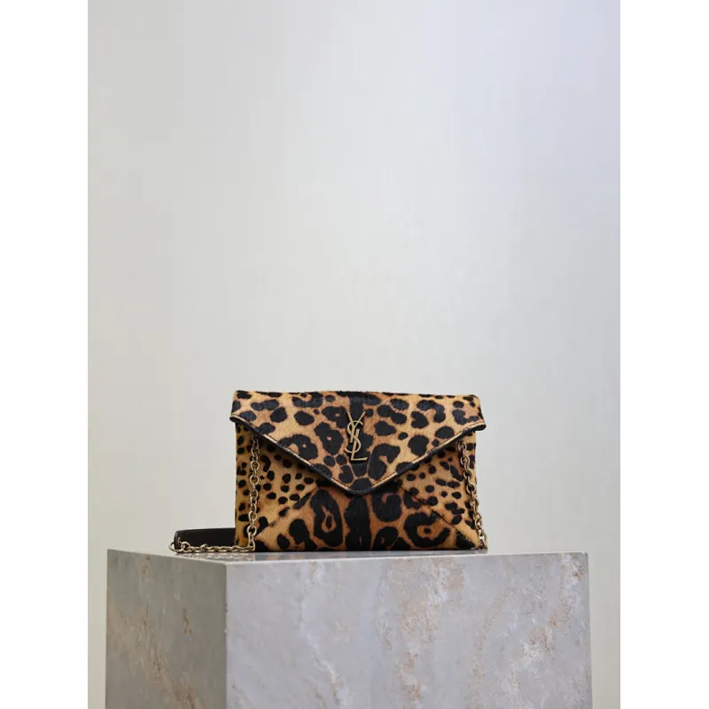 SAINT LAURENT Cassandra Envelope Crossbody Clutch – Leopard-Print Haircalf with Gold YSL Logo (Detachable Chain Strap) #A58783